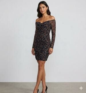 NWT BCBGeneration Floral Mesh Ruched Dress Black Long Sleeve Coquette Mini Sz 12